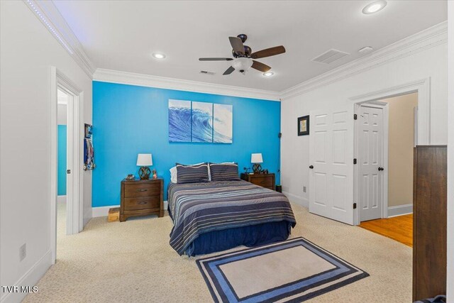 114 Highland Gate Dr, Johnson City, TN 37615 - carpeted bedroom with ornamental molding, baseboards, a ceiling fan, and recessed lighting