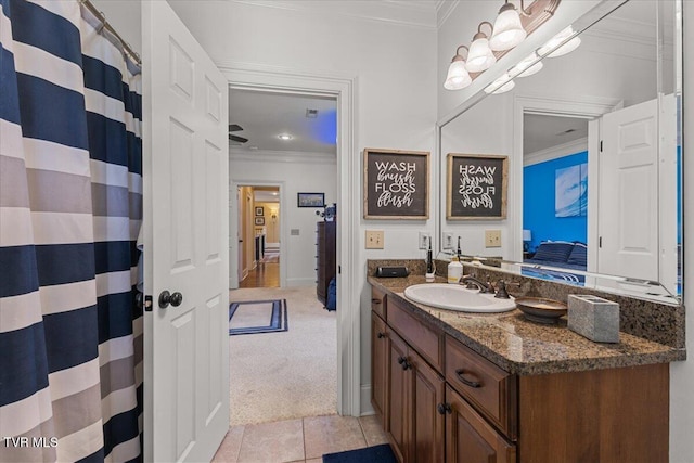114 Highland Gate Dr, Johnson City, TN 37615 - ensuite bathroom with ornamental molding, vanity, tile patterned flooring, and a shower with shower curtain