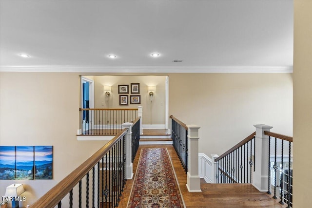 114 Highland Gate Dr, Johnson City, TN 37615 - hallway featuring an upstairs landing, wood finished floors, ornamental molding, and recessed lighting