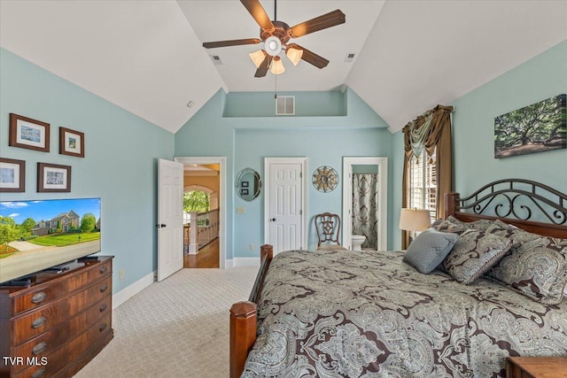 114 Highland Gate Dr, Johnson City, TN 37615 - bedroom with carpet, baseboards, ceiling fan, connected bathroom, and high vaulted ceiling