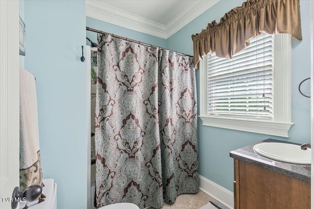114 Highland Gate Dr, Johnson City, TN 37615 - full bath with crown molding, vanity, baseboards, and shower / tub combo