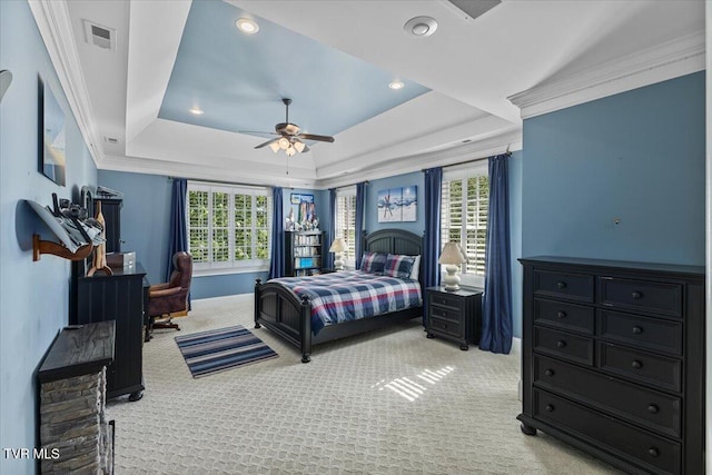 114 Highland Gate Dr, Johnson City, TN 37615 - bedroom featuring light carpet, recessed lighting, a tray ceiling, and ceiling fan