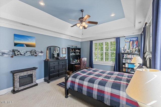 114 Highland Gate Dr, Johnson City, TN 37615 - carpeted bedroom with a raised ceiling, baseboards, a fireplace, recessed lighting, and ceiling fan