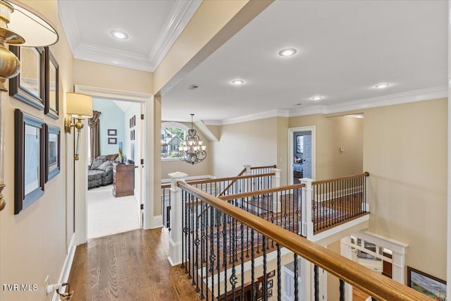 114 Highland Gate Dr, Johnson City, TN 37615 - corridor featuring an upstairs landing, dark wood-style flooring, a chandelier, recessed lighting, and crown molding