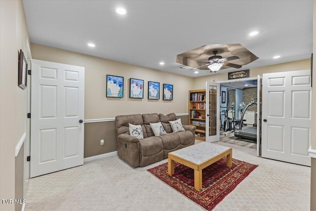 114 Highland Gate Dr, Johnson City, TN 37615 - living area with light carpet, recessed lighting, a ceiling fan, and baseboards
