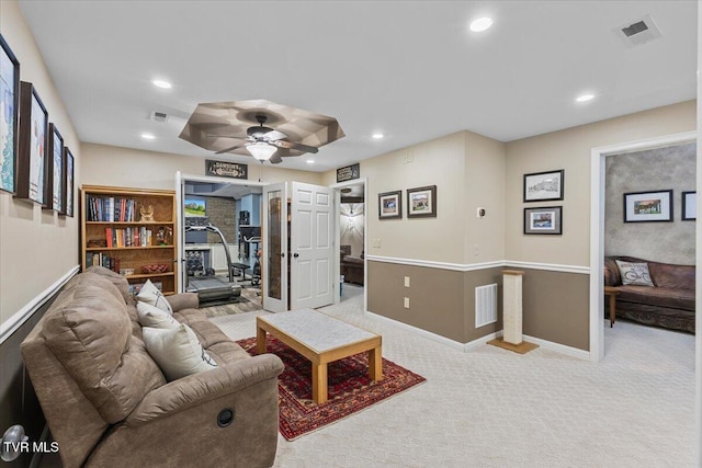 114 Highland Gate Dr, Johnson City, TN 37615 - living room featuring light colored carpet, recessed lighting, baseboards, and ceiling fan