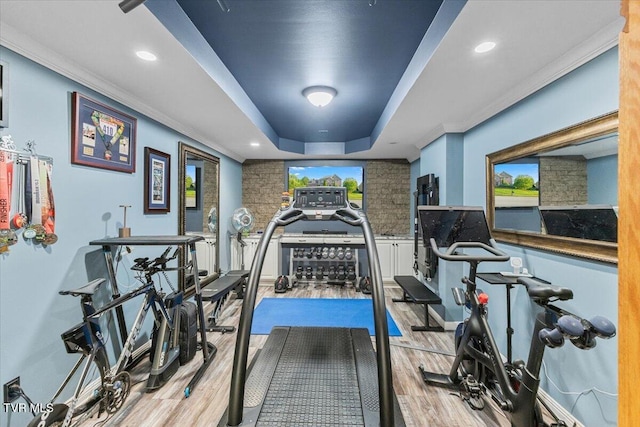 114 Highland Gate Dr, Johnson City, TN 37615 - workout room featuring wood finished floors, a raised ceiling, recessed lighting, and ornamental molding