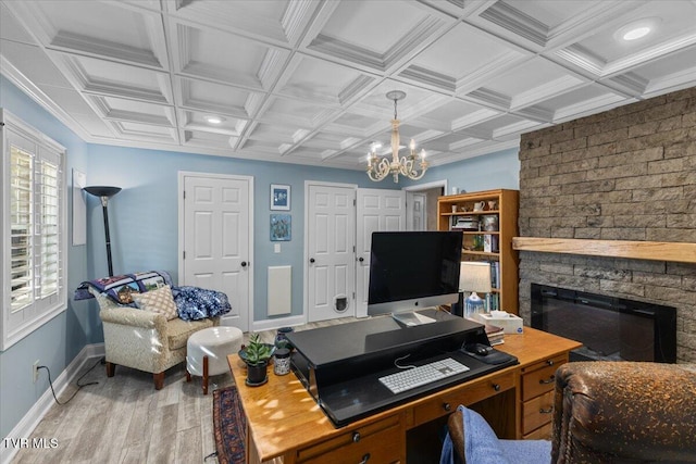 114 Highland Gate Dr, Johnson City, TN 37615 - office space featuring wood finished floors, baseboards, a chandelier, a stone fireplace, and coffered ceiling