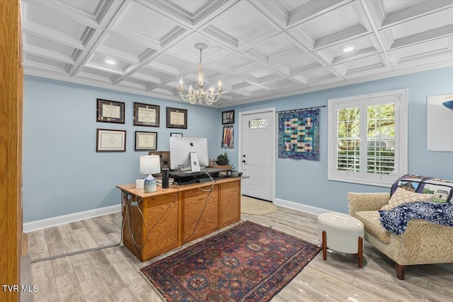 114 Highland Gate Dr, Johnson City, TN 37615 - home office featuring a chandelier, light wood-style flooring, baseboards, and coffered ceiling