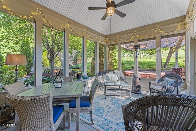 114 Highland Gate Dr, Johnson City, TN 37615 - sunroom / solarium featuring a ceiling fan, outdoor dining area, and an outdoor hangout area