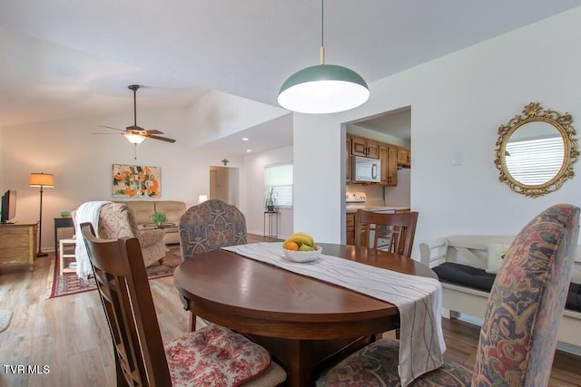 14227 Wellbridge Dr, Meadowview, VA 24361 - dining room featuring light wood finished floors, a ceiling fan, lofted ceiling, baseboards, and recessed lighting