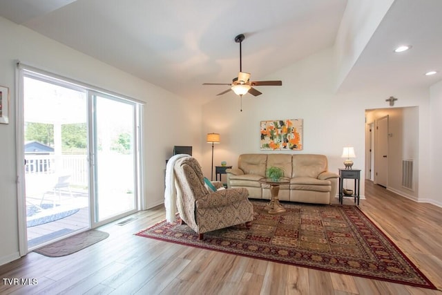 14227 Wellbridge Dr, Meadowview, VA 24361 - living room featuring wood finished floors, a ceiling fan, vaulted ceiling, recessed lighting, and baseboards