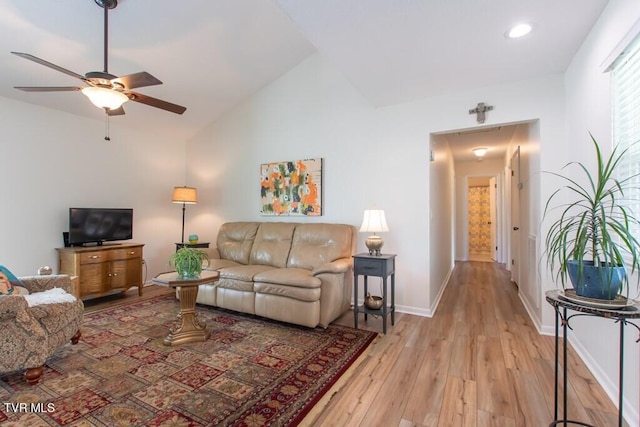 14227 Wellbridge Dr, Meadowview, VA 24361 - living room with light wood-type flooring, a ceiling fan, baseboards, recessed lighting, and high vaulted ceiling