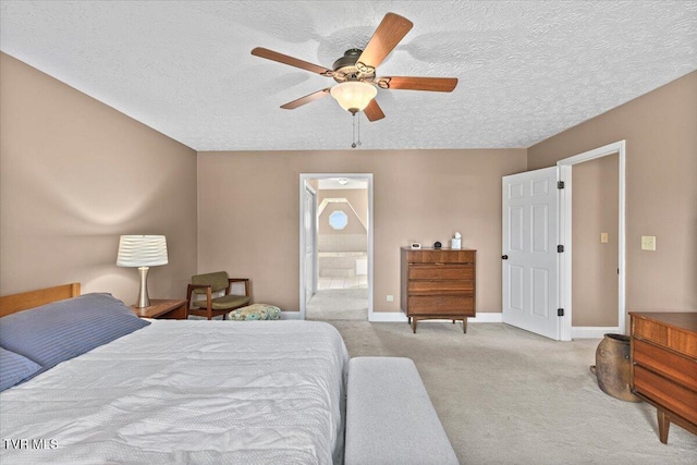 124 Highland Hills Dr, Gray, TN 37615 - bedroom with a textured ceiling, light carpet, baseboards, connected bathroom, and ceiling fan