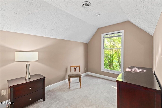 124 Highland Hills Dr, Gray, TN 37615 - sitting room with a textured ceiling, lofted ceiling, baseboards, and light colored carpet
