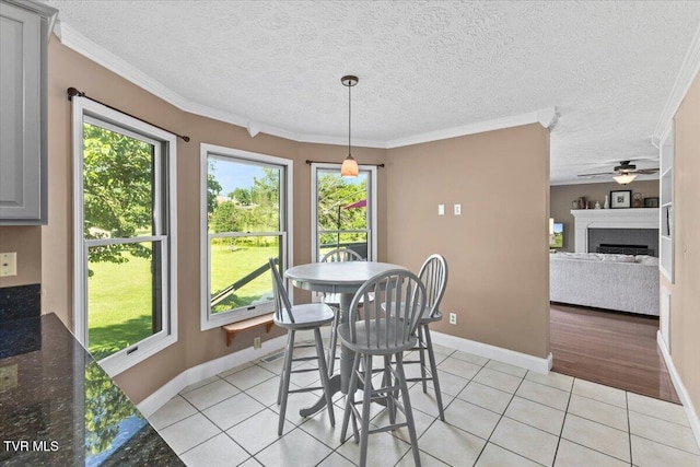 124 Highland Hills Dr, Gray, TN 37615 - dining space with light tile patterned floors, a fireplace, ornamental molding, baseboards, and ceiling fan