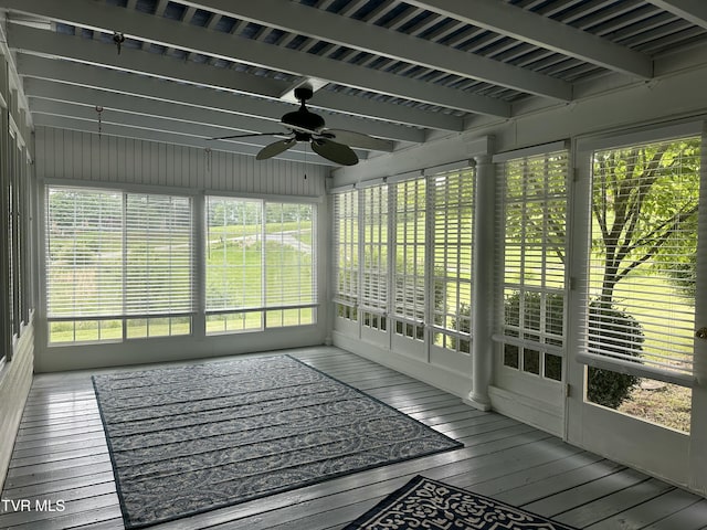 390 Springdale Dr, Bristol, TN 37620 - unfurnished sunroom featuring ceiling fan and beamed ceiling