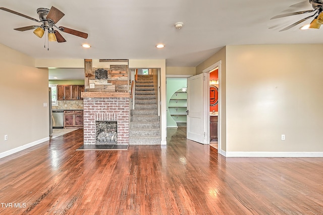 1401 Burgie St, Elizabethton, TN 37643 - unfurnished living room featuring a ceiling fan, baseboards, dark wood finished floors, stairway, and recessed lighting