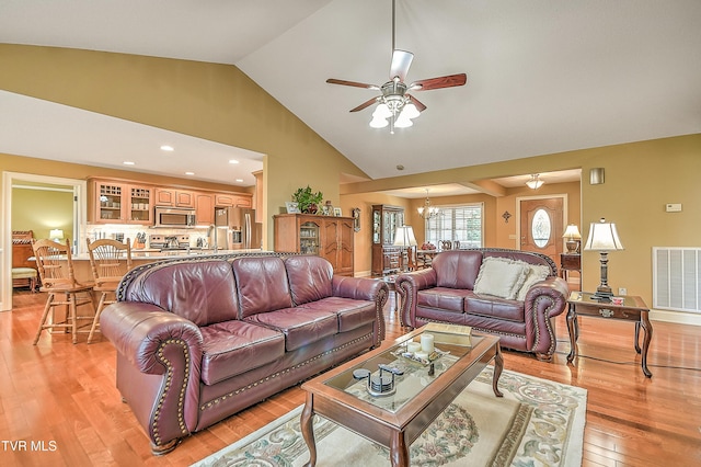 105 Morse Dr, Bristol, TN 37620 - living area featuring ceiling fan, light wood-style flooring, high vaulted ceiling, a chandelier, and recessed lighting