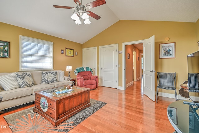 105 Morse Dr, Bristol, TN 37620 - living room with a ceiling fan, lofted ceiling, light wood-style floors, and baseboards