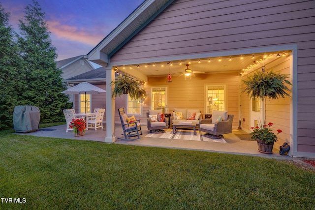 2420 Edinburgh Channel Rd, Kingsport, TN 37664 - patio terrace at dusk featuring an outdoor hangout area, a patio area, a lawn, and area for grilling