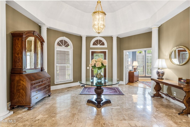 21390 Sheffield Ct, Abingdon, VA 24210 - entrance foyer with decorative columns, baseboards, marble finish floors, a chandelier, and a tray ceiling