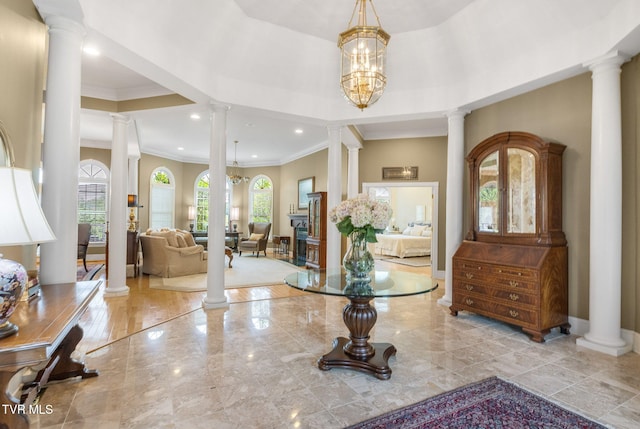 21390 Sheffield Ct, Abingdon, VA 24210 - foyer featuring crown molding, ornate columns, recessed lighting, and baseboards