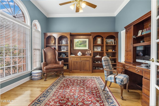 21390 Sheffield Ct, Abingdon, VA 24210 - office space with ceiling fan, ornamental molding, healthy amount of natural light, light wood finished floors, and built in desk