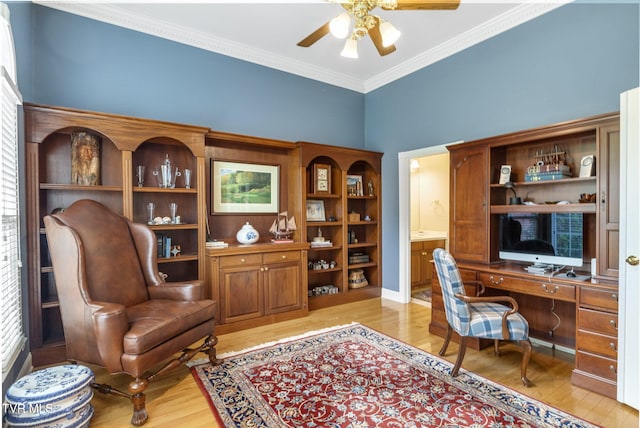 21390 Sheffield Ct, Abingdon, VA 24210 - home office featuring ceiling fan, wood finished floors, and crown molding