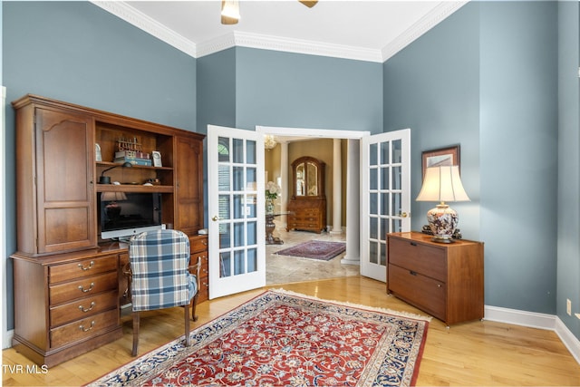 21390 Sheffield Ct, Abingdon, VA 24210 - office area with french doors, light wood-type flooring, crown molding, baseboards, and a ceiling fan