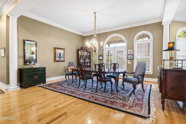 21390 Sheffield Ct, Abingdon, VA 24210 - dining space featuring decorative columns, wood-type flooring, ornamental molding, and baseboards