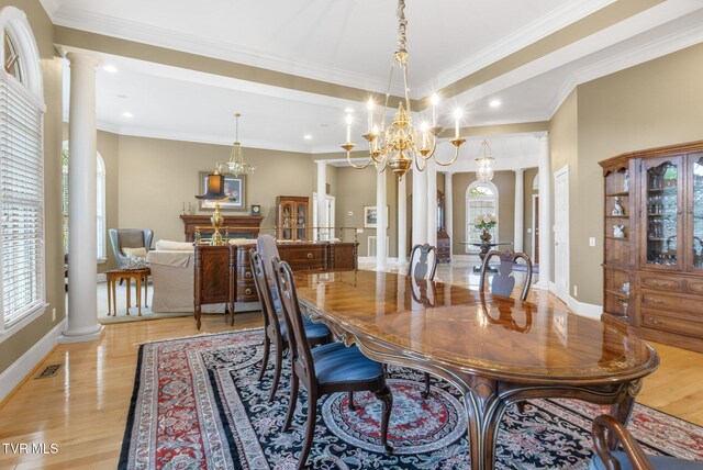 21390 Sheffield Ct, Abingdon, VA 24210 - dining space featuring decorative columns, healthy amount of natural light, light wood finished floors, baseboards, and recessed lighting