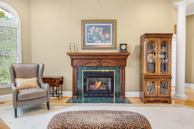 21390 Sheffield Ct, Abingdon, VA 24210 - living area featuring decorative columns, healthy amount of natural light, a tiled fireplace, and baseboards