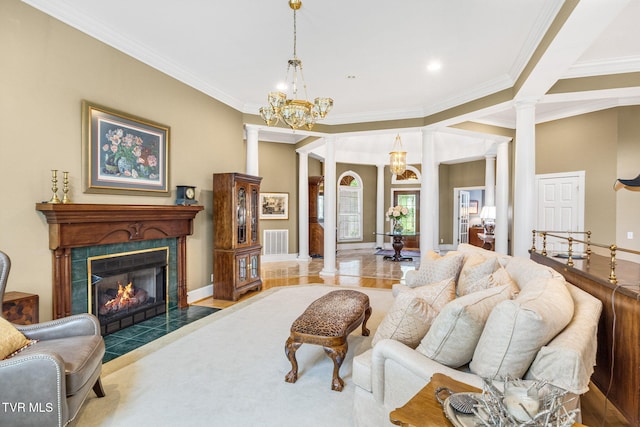 21390 Sheffield Ct, Abingdon, VA 24210 - living room featuring ornamental molding, ornate columns, a fireplace, a chandelier, and baseboards