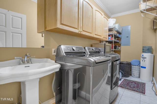 21390 Sheffield Ct, Abingdon, VA 24210 - laundry room featuring washer and dryer, electric panel, ornamental molding, cabinet space, and light tile patterned floors