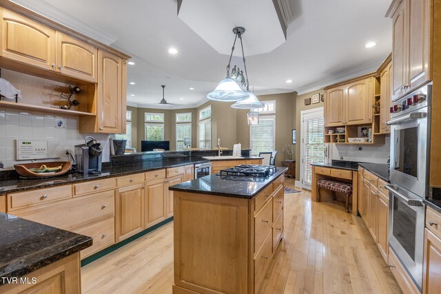 21390 Sheffield Ct, Abingdon, VA 24210 - kitchen with open shelves, stainless steel appliances, light wood-style floors, a center island, and crown molding