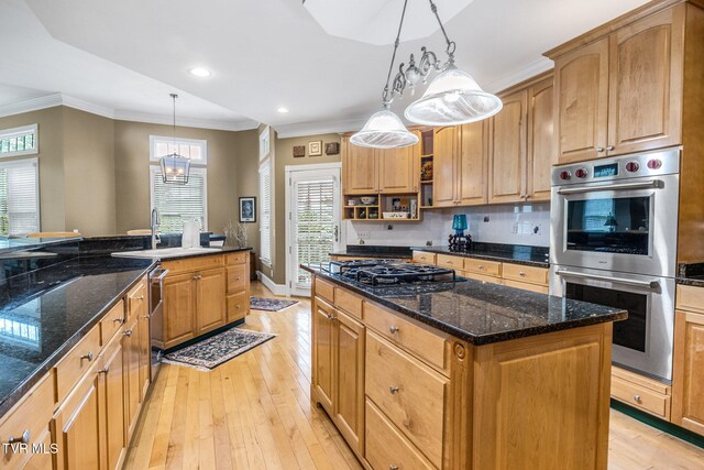 21390 Sheffield Ct, Abingdon, VA 24210 - kitchen with stainless steel double oven, a sink, open shelves, crown molding, and light wood-type flooring