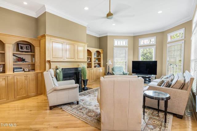 21390 Sheffield Ct, Abingdon, VA 24210 - living area with a fireplace, ceiling fan, recessed lighting, light wood-style flooring, and ornamental molding