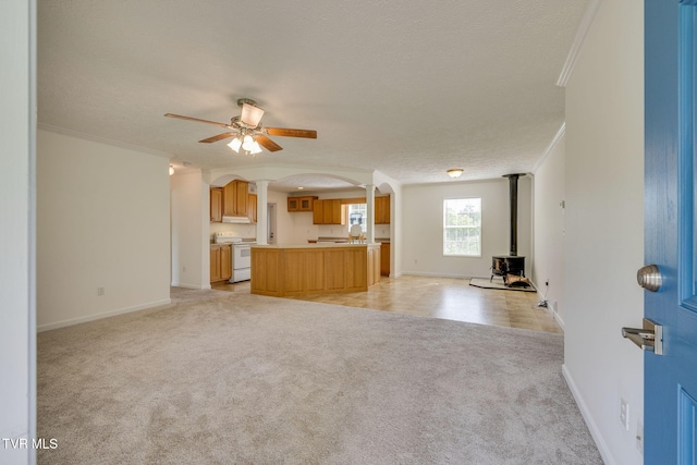 108 Richards Rd, Rogersville, TN 37857 - unfurnished living room with arched walkways, light carpet, crown molding, a ceiling fan, and a wood stove