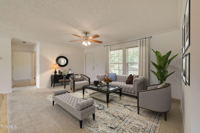108 Richards Rd, Rogersville, TN 37857 - carpeted living room with ceiling fan, a textured ceiling, crown molding, and baseboards