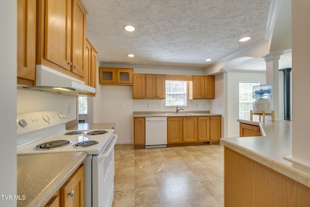 108 Richards Rd, Rogersville, TN 37857 - kitchen featuring white appliances, under cabinet range hood, crown molding, a textured ceiling, and a sink