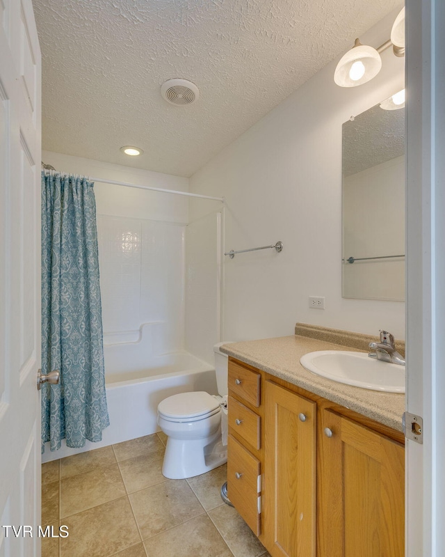 108 Richards Rd, Rogersville, TN 37857 - bathroom featuring toilet, a textured ceiling, vanity, shower / bath combo with shower curtain, and tile patterned flooring