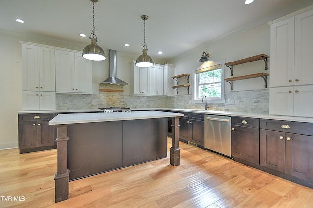 203 Riverwatch Cir, Kingsport, TN 37660 - kitchen featuring stainless steel dishwasher, wall chimney exhaust hood, open shelves, a sink, and light countertops