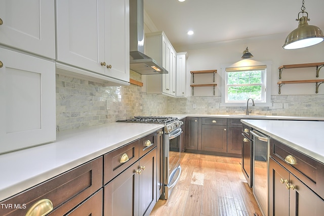 203 Riverwatch Cir, Kingsport, TN 37660 - kitchen with wall chimney exhaust hood, appliances with stainless steel finishes, open shelves, a sink, and light countertops