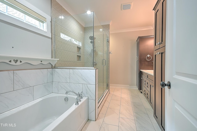 203 Riverwatch Cir, Kingsport, TN 37660 - bathroom with a garden tub, a stall shower, marble finish flooring, vanity, and baseboards