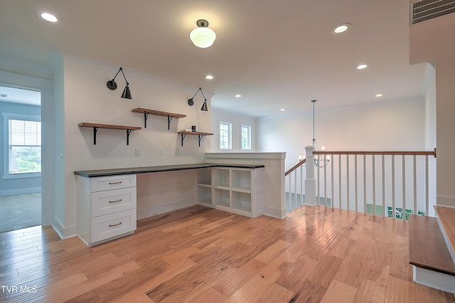 203 Riverwatch Cir, Kingsport, TN 37660 - kitchen with open shelves, light wood-type flooring, dark countertops, recessed lighting, and white cabinets