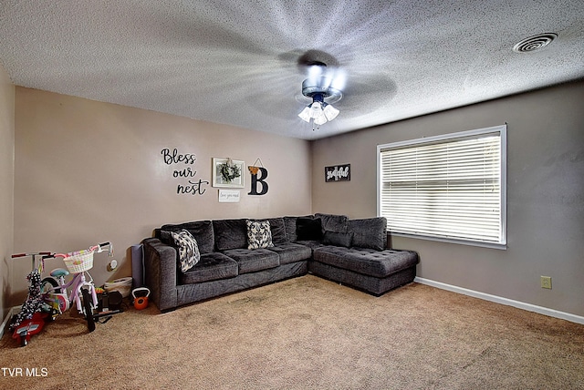 24 Lexington Ct Unit 6, Johnson City, TN 37615 - living room featuring carpet floors, a ceiling fan, baseboards, and a textured ceiling