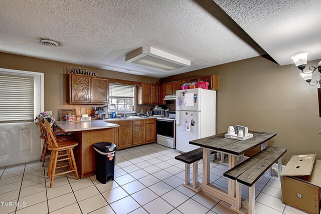 24 Lexington Ct Unit 6, Johnson City, TN 37615 - kitchen with white appliances, a peninsula, under cabinet range hood, light countertops, and a textured ceiling