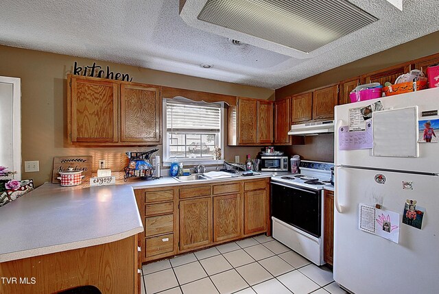 24 Lexington Ct Unit 6, Johnson City, TN 37615 - kitchen featuring white appliances, under cabinet range hood, a sink, light countertops, and brown cabinets