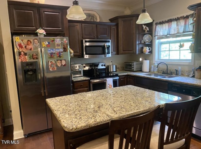 405 Coldwater Dr Unit 405, Johnson City, TN 37601 - kitchen with appliances with stainless steel finishes, a sink, dark brown cabinetry, light stone countertops, and crown molding